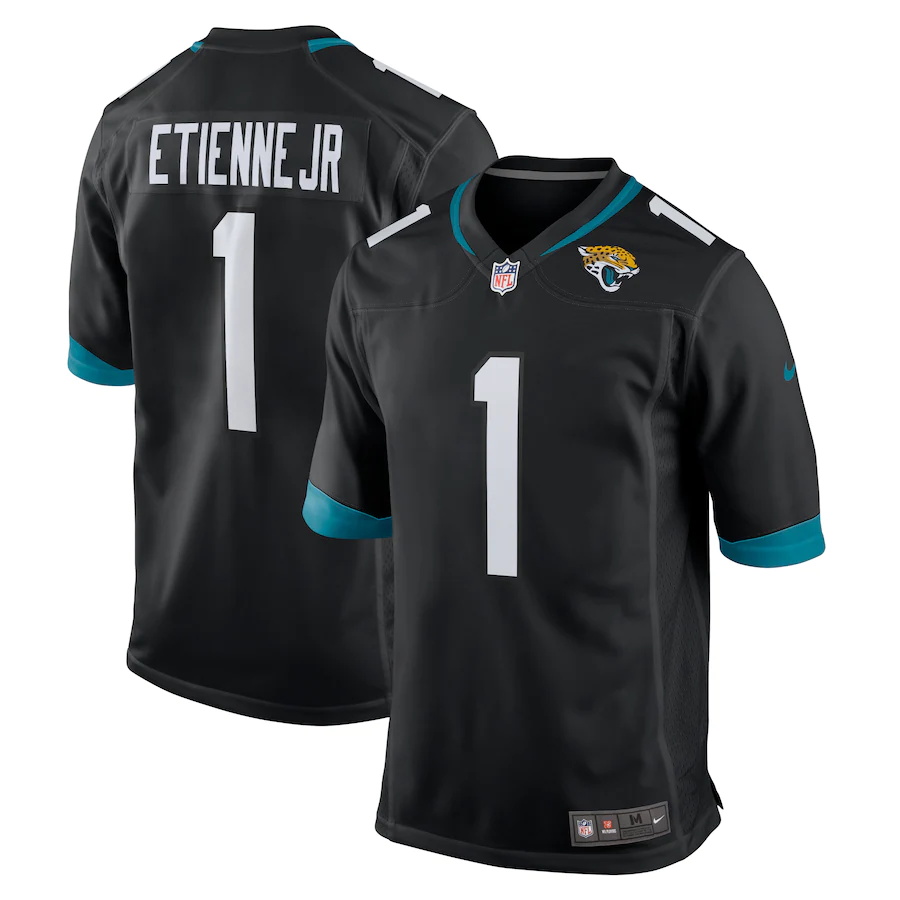 Mens Jacksonville Jaguars #1 Travis Etienne Nike Black Alternate 2021 NFL Draft First Round Pick Game Jersey